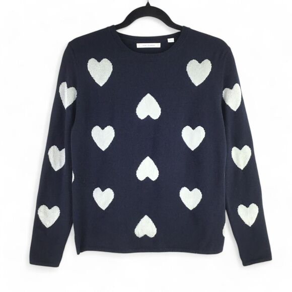 Chinti & Parker Cashmere Wool Sweater S Metallic Silver Hearts Girly Modern Luxe - Picture 2 of 15
